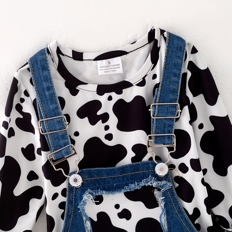 (In Stock)Girls Fall Cow Print Denim Overalls set