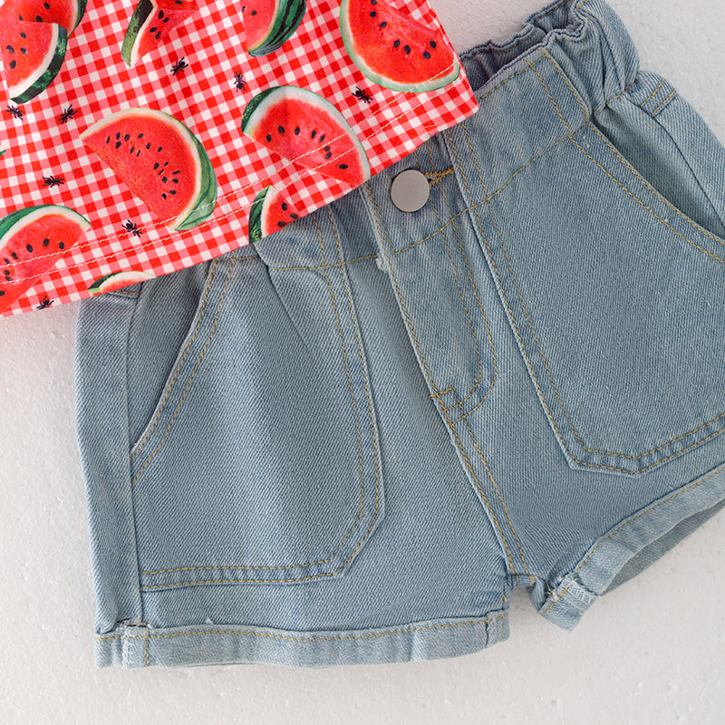 (In Stock E26-5-3)Girls Spring and Summer Watermelon Print Top Denim Short Set