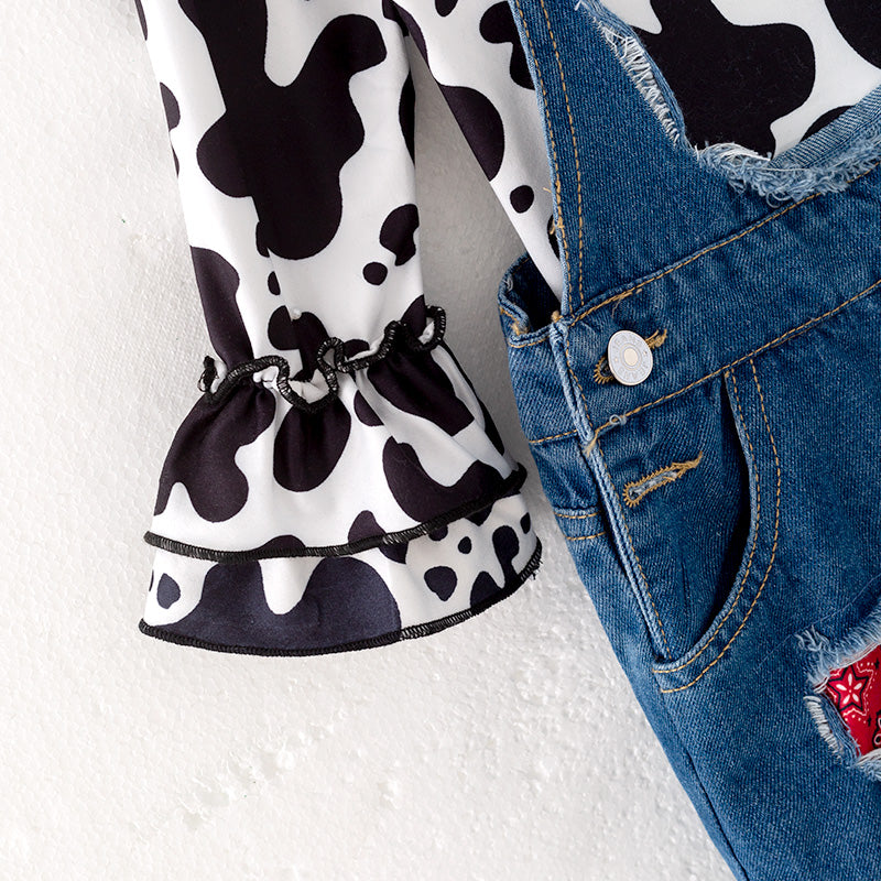 (In Stock)Girls Fall Cow Print Denim Overalls set