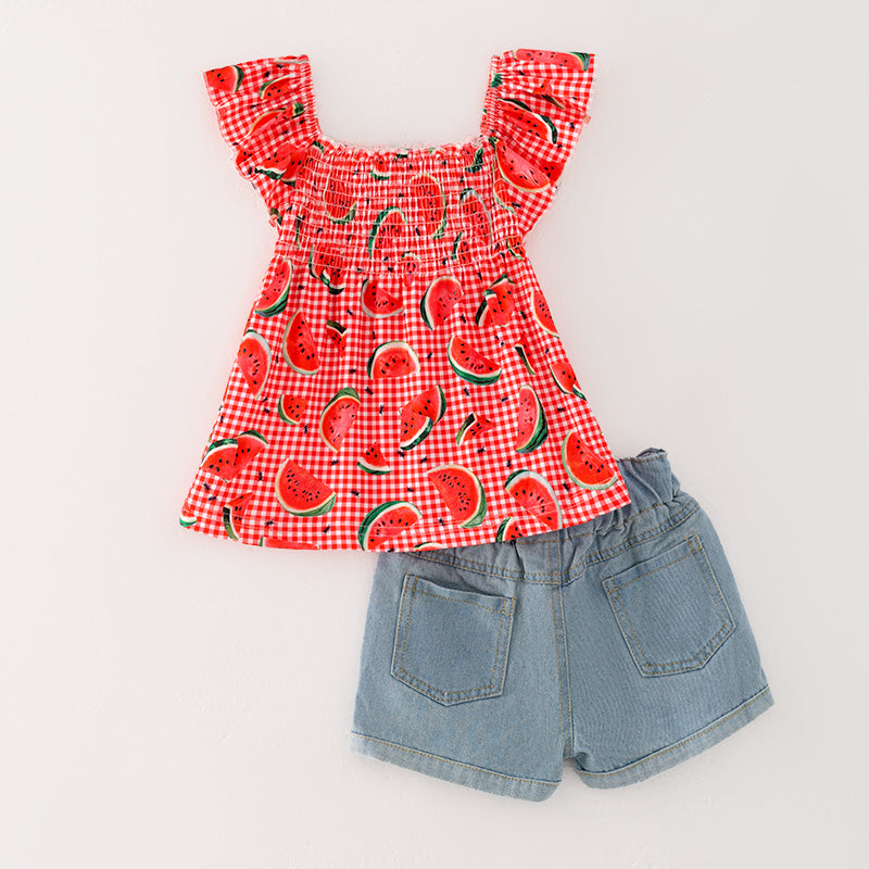 (In Stock E26-5-3)Girls Spring and Summer Watermelon Print Top Denim Short Set