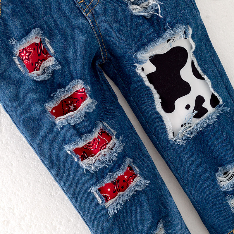 (In Stock)Girls Fall Cow Print Denim Overalls set