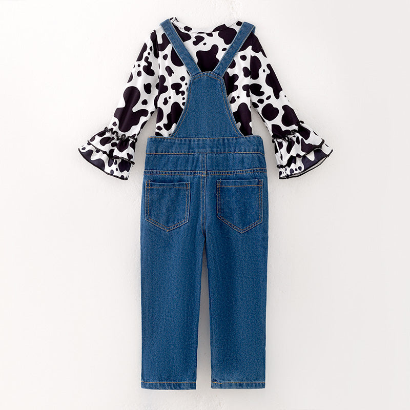 (In Stock)Girls Fall Cow Print Denim Overalls set