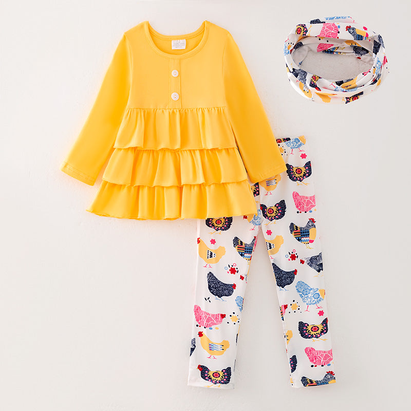 (In Stock)Girls Fall Yellow Chick Print Outfit Set