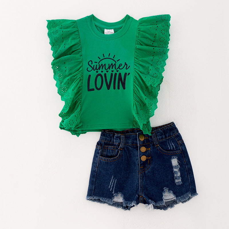 (In Stock E26-4-3)Girls Spring and Summer Print Denim Short Set