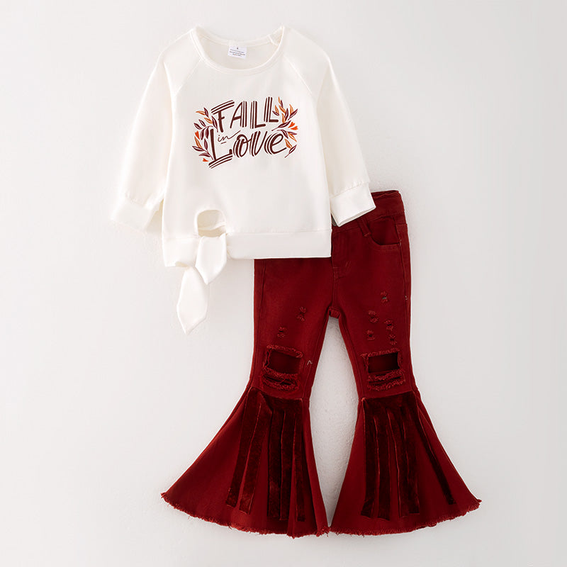 (In Stock)Girls FALL LOVE Print Knotted Top Denim Pants Set