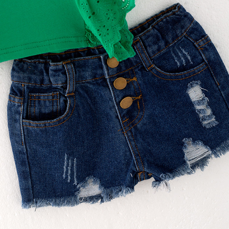 (In Stock E26-4-3)Girls Spring and Summer Print Denim Short Set