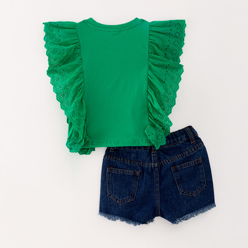 (In Stock E26-4-3)Girls Spring and Summer Print Denim Short Set