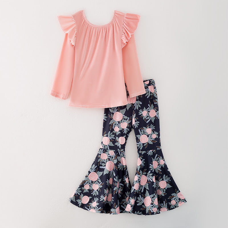 (In Stock)Girls Fall Pink Velvet Top Floral Print Pants Set