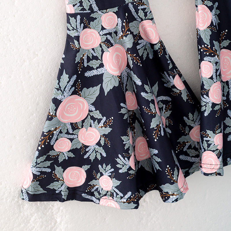 (In Stock)Girls Fall Pink Velvet Top Floral Print Pants Set
