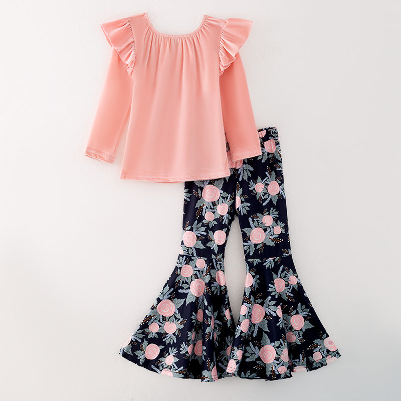 (In Stock)Girls Fall Pink Velvet Top Floral Print Pants Set