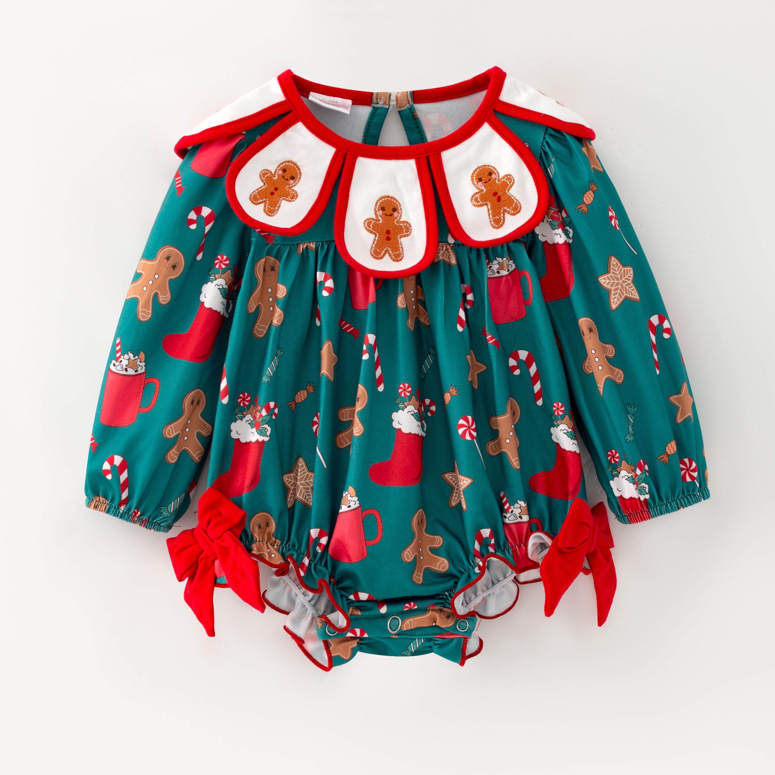 (In Stock)Toddler Girls Christmas Gingerbread Embroidery Petal Collar Romper