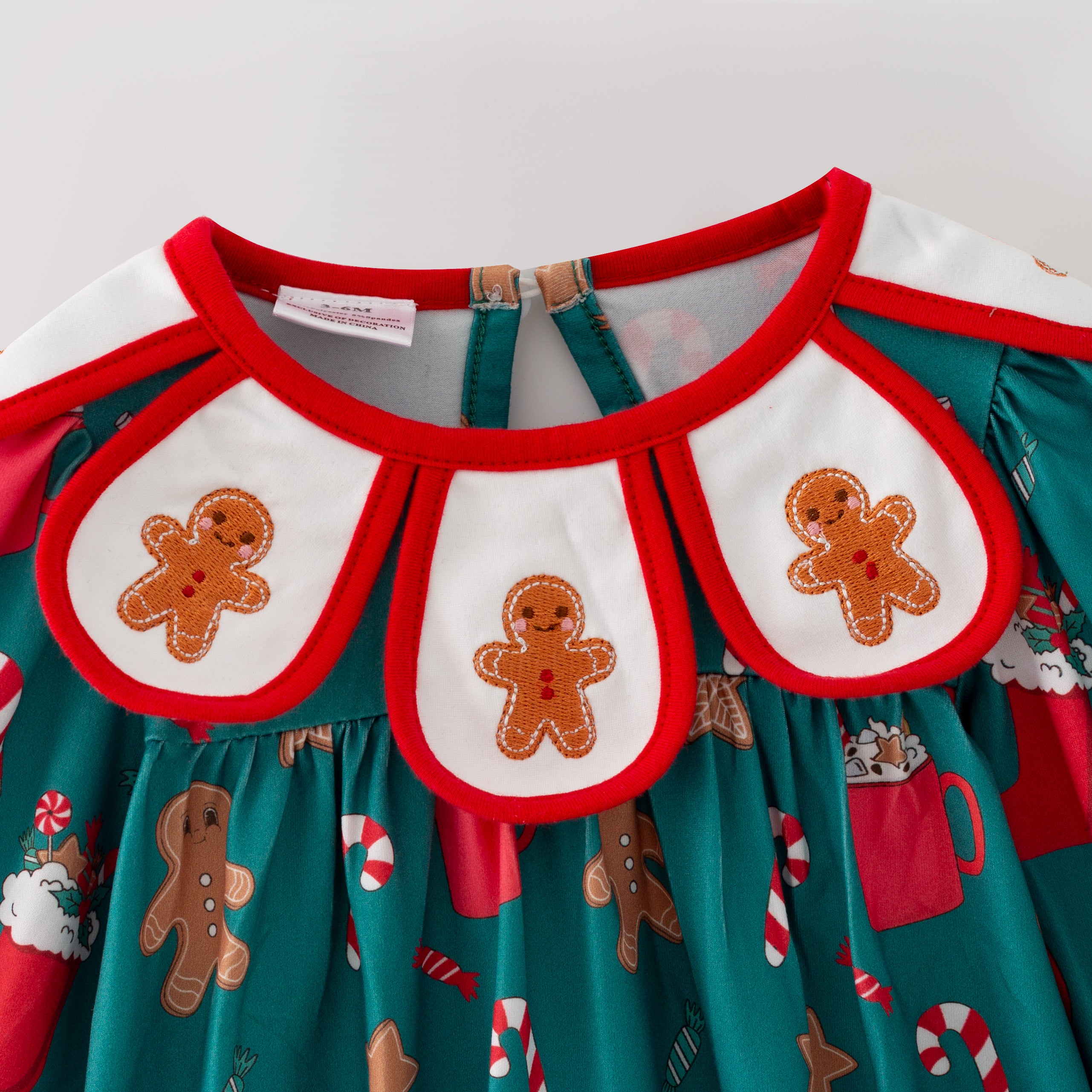 (In Stock)Toddler Girls Christmas Gingerbread Embroidery Petal Collar Romper