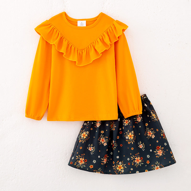 (In Stock)Girls Fall Yellow Cotton Top Floral Print Skirt Set