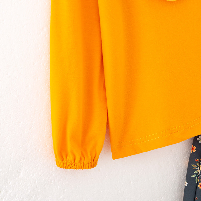(In Stock)Girls Fall Yellow Cotton Top Floral Print Skirt Set