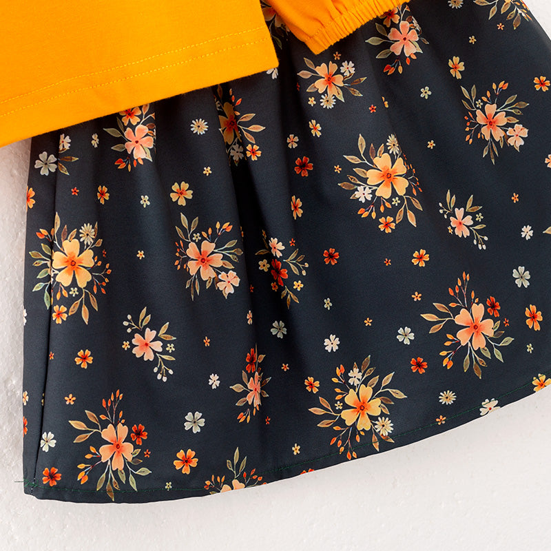 (In Stock)Girls Fall Yellow Cotton Top Floral Print Skirt Set