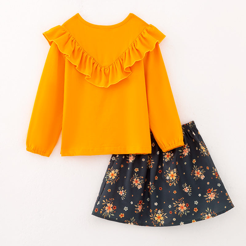 (In Stock)Girls Fall Yellow Cotton Top Floral Print Skirt Set