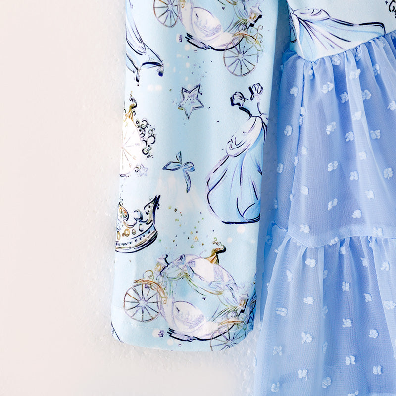 (In Stock)Girls Fall Princess Print Swiss Dot Long Sleeves Dress