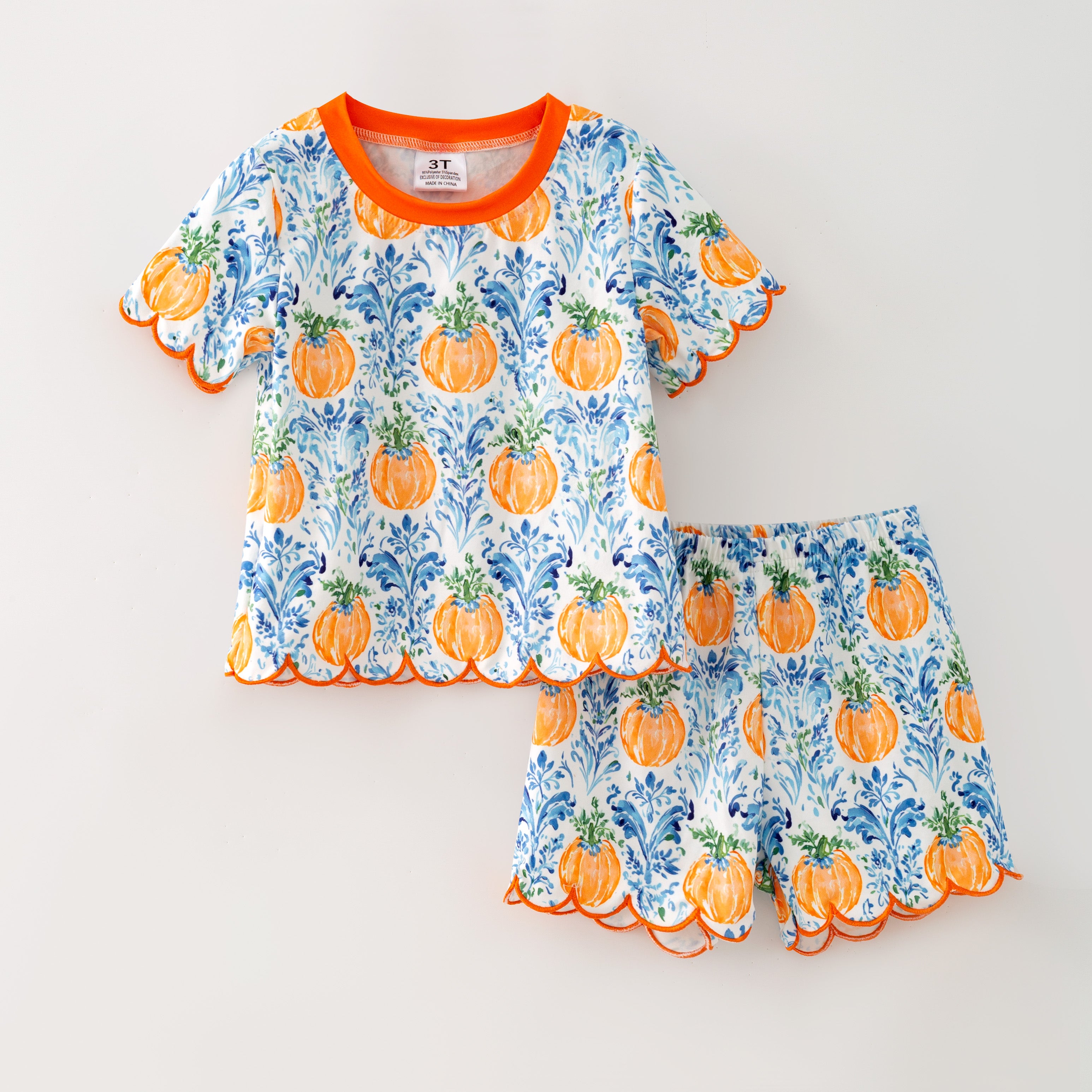 (Pre Order)Girls Fall Pumpkin Scallop Shorts Set