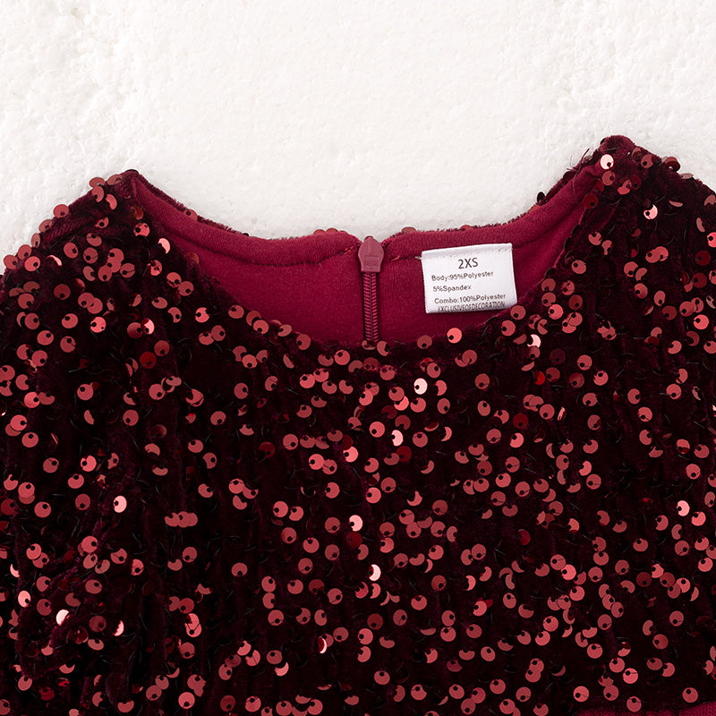 (In Stock)Girls Fall Dark Red Sequin Tulle Dress