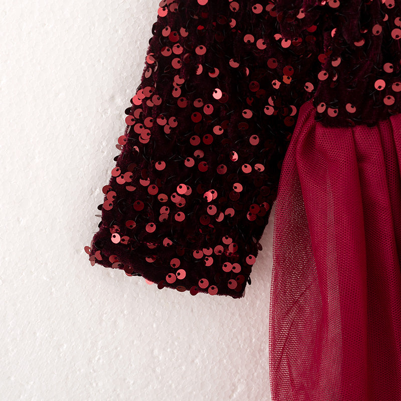 (In Stock)Girls Fall Dark Red Sequin Tulle Dress