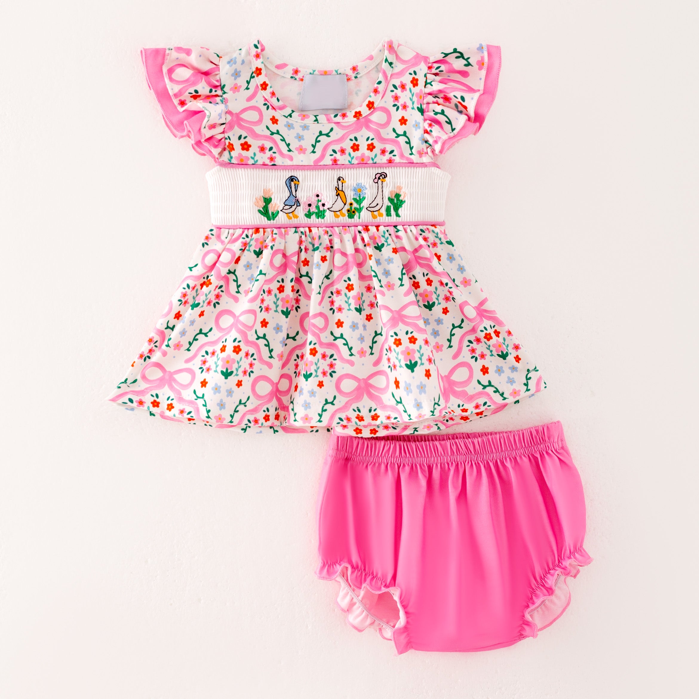 (Pre Order)Sisters Spring and Summer Goose Embroidery Smocked Dress&Bloomer Set