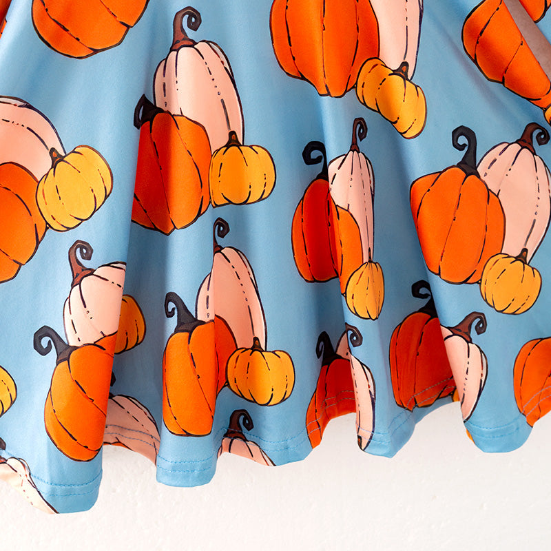(In Stock)Girls Halloween&Thanksgiving Pumpkin Print Dress