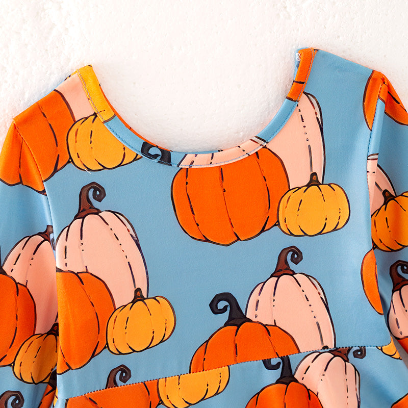 (In Stock)Girls Halloween&Thanksgiving Pumpkin Print Dress