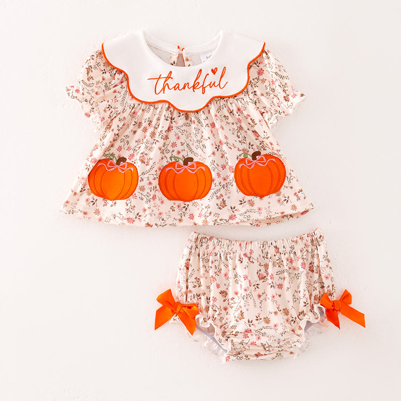 (In Stock)Toddler Girls Thanksgiving Pumpkin Applique Bloomer Set