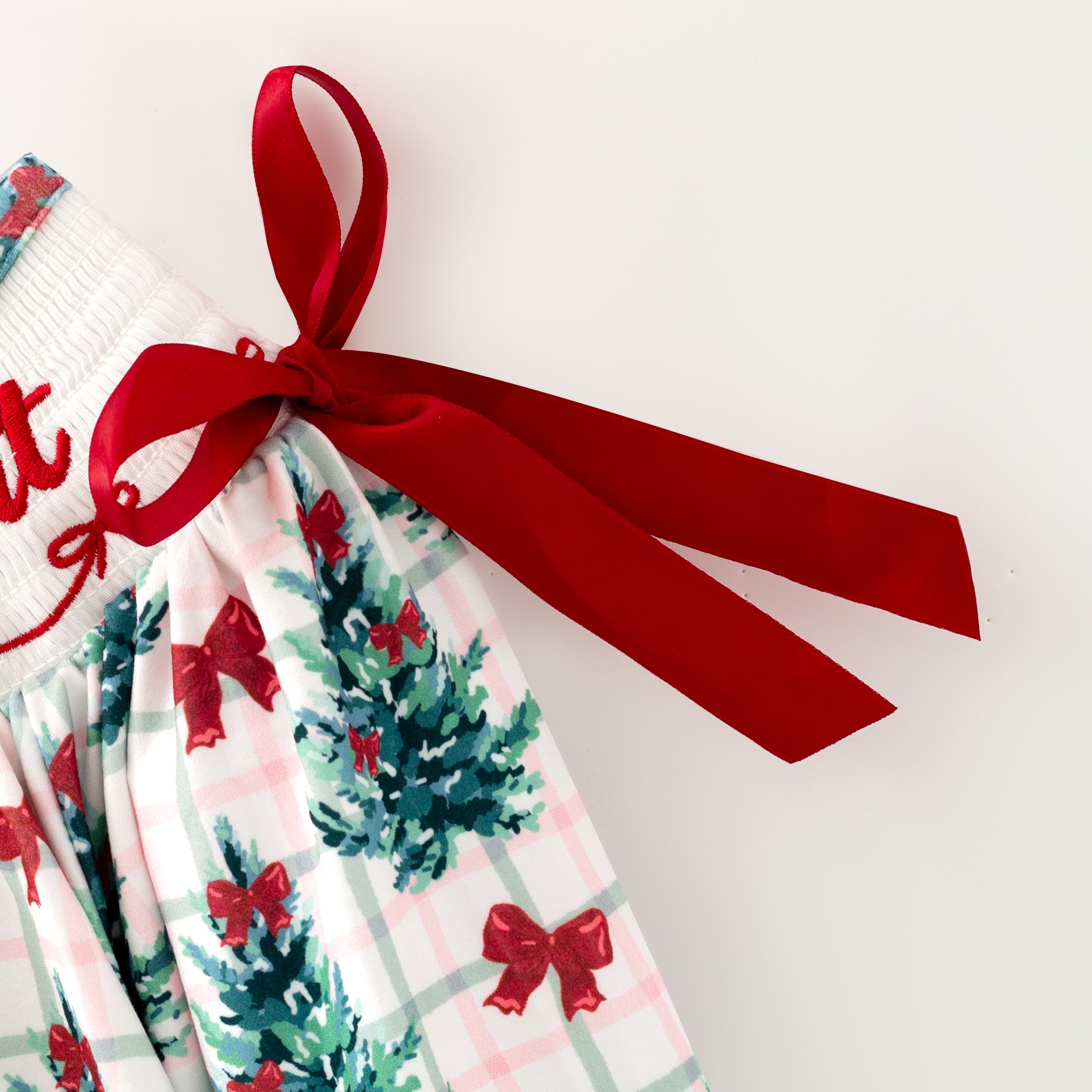 (In Stock)Girls Christmas Tree Embroidery Smocked Dress