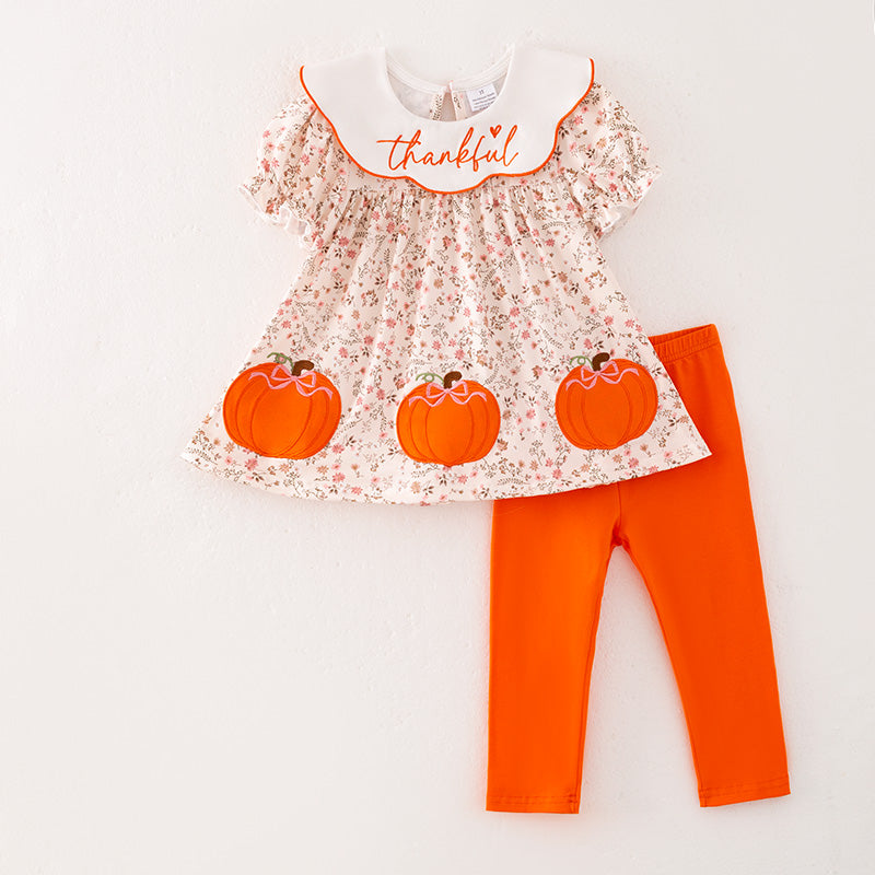 (In Stock)Girls Thanksgiving Pumpkin Applique Outfit Set
