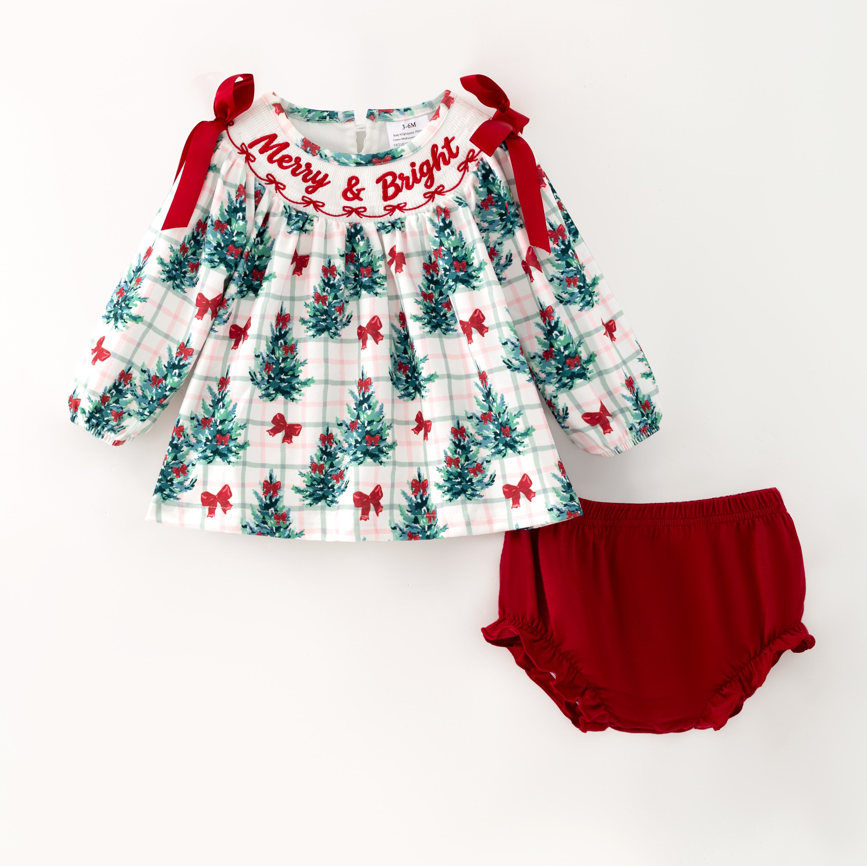 (In Stock)Toddler Girls Christmas Tree Embroidery Smocked Bloomer Set
