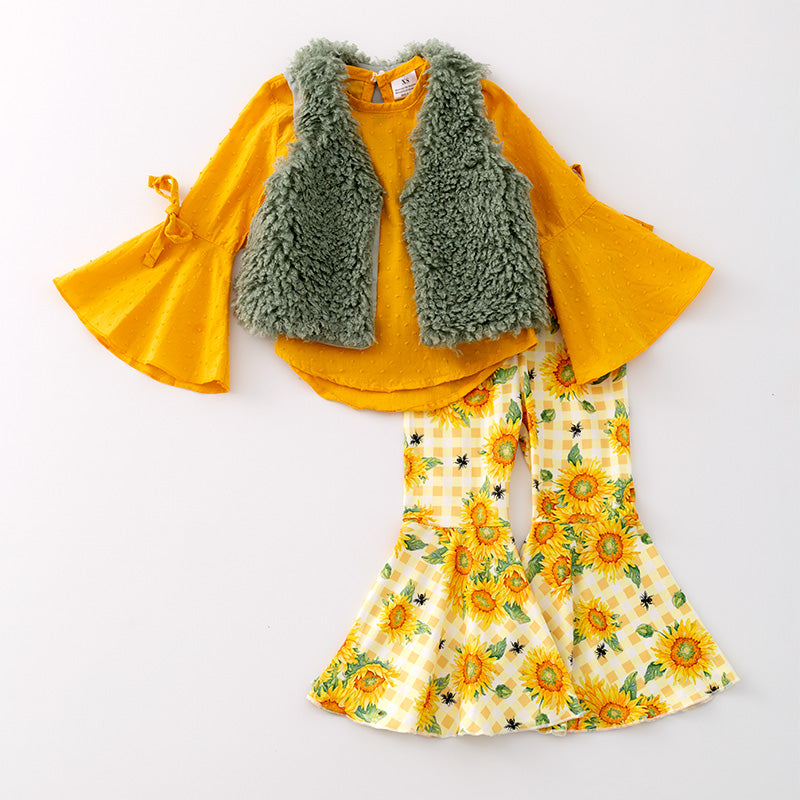 (In Stock G27-2-3)Girls Fall Swiss Dot Top 3 Pcs Outfit Set