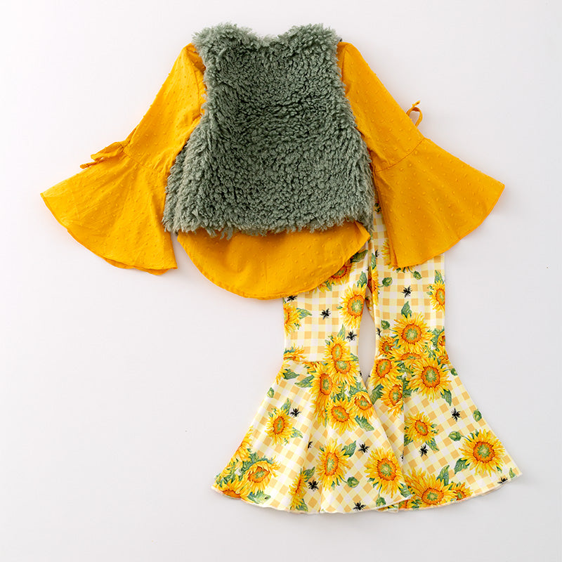 (In Stock G27-2-3)Girls Fall Swiss Dot Top 3 Pcs Outfit Set