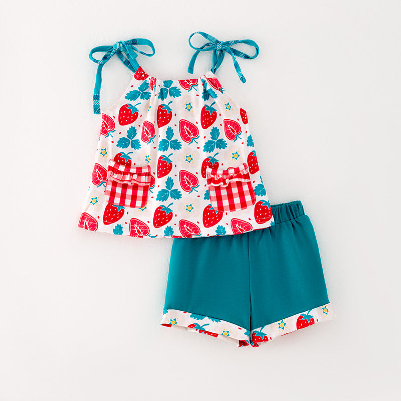(In Stock L06-01-02)Girls Strawberry Print Short Set