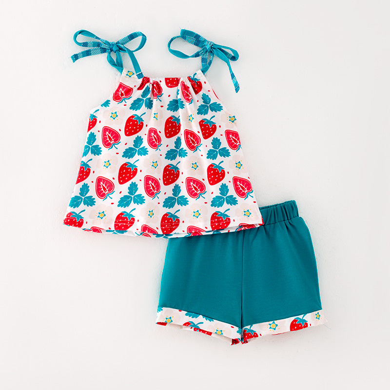 (In Stock L06-01-02)Girls Strawberry Print Short Set