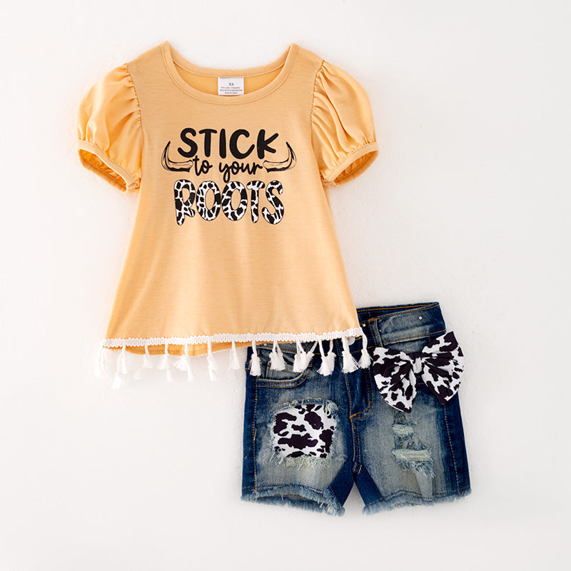 (In Stock L13-03-03)Girls Yellow Top Denim Short Set