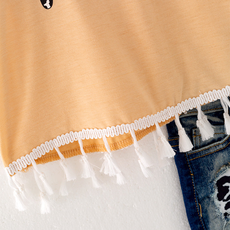 (In Stock L13-03-03)Girls Yellow Top Denim Short Set