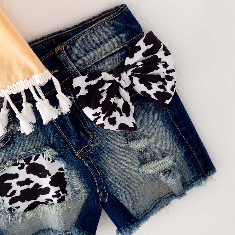 (In Stock L13-03-03)Girls Yellow Top Denim Short Set