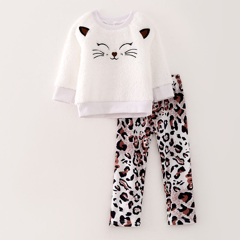 (In Stock L29-3-3)Girls Fall Kitty Embroidery Fleece Outfit Set