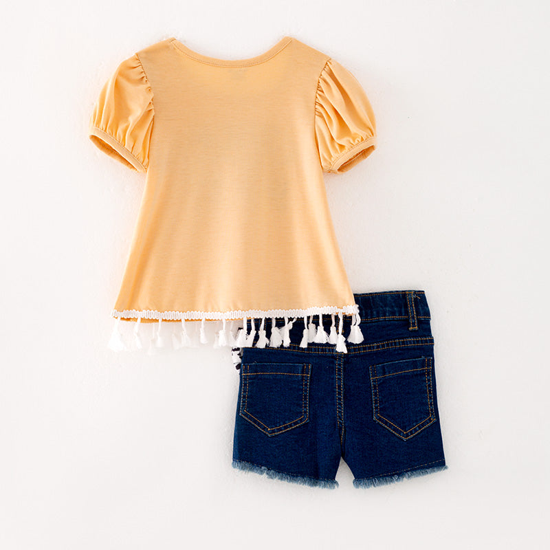 (In Stock L13-03-03)Girls Yellow Top Denim Short Set