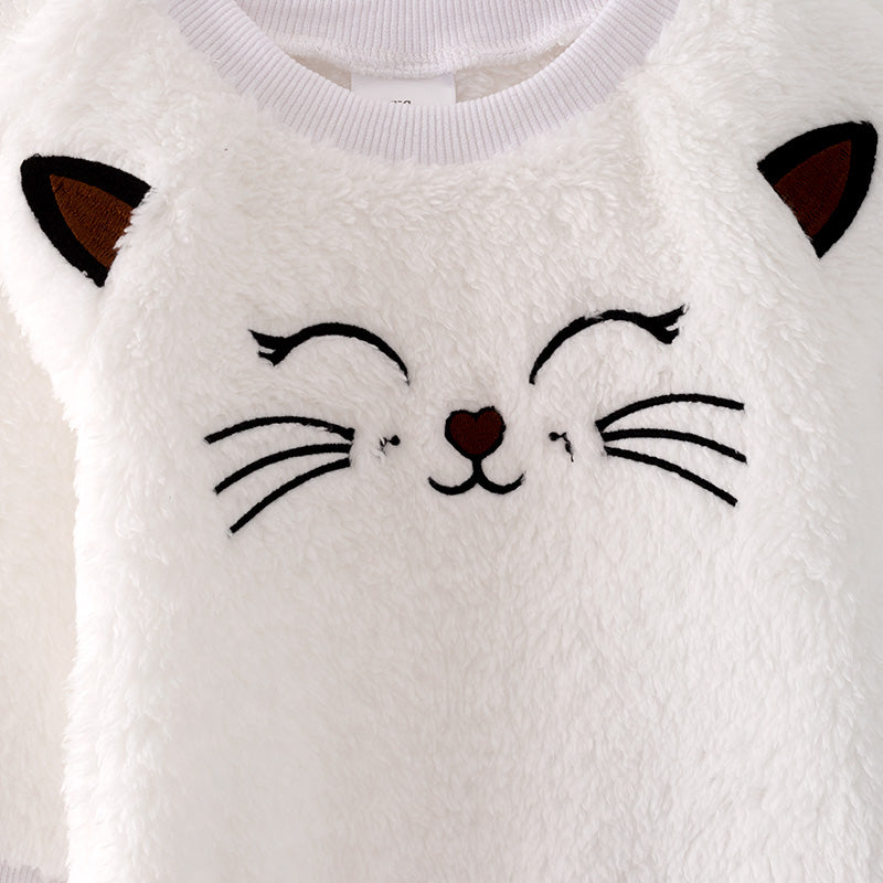 (In Stock L29-3-3)Girls Fall Kitty Embroidery Fleece Outfit Set