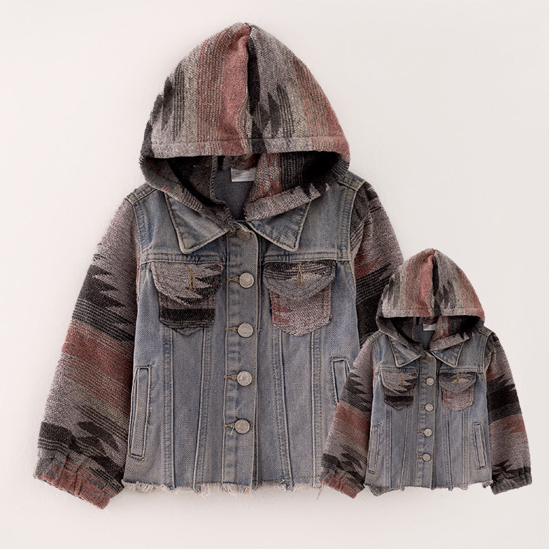 (In Stock L31-2-3 L30-3-3)Mommy and Me Fall Denim Patchwork Jacket
