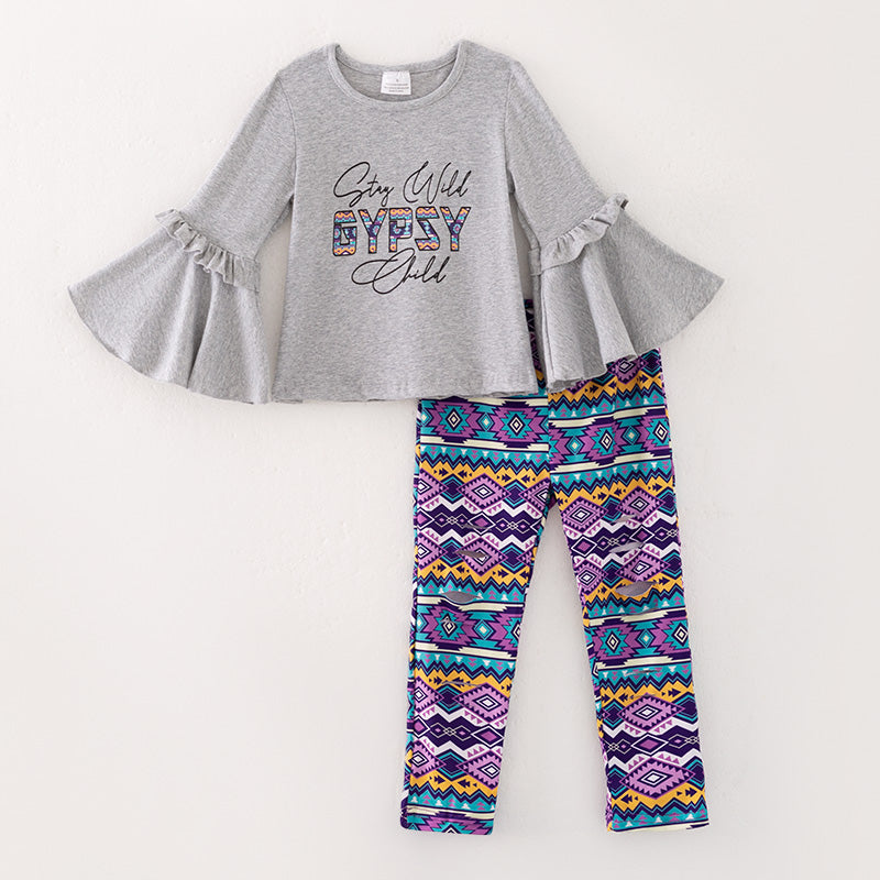 (In Stock)Girls Fall Cotton Top Ethnic Style Print Pants Set