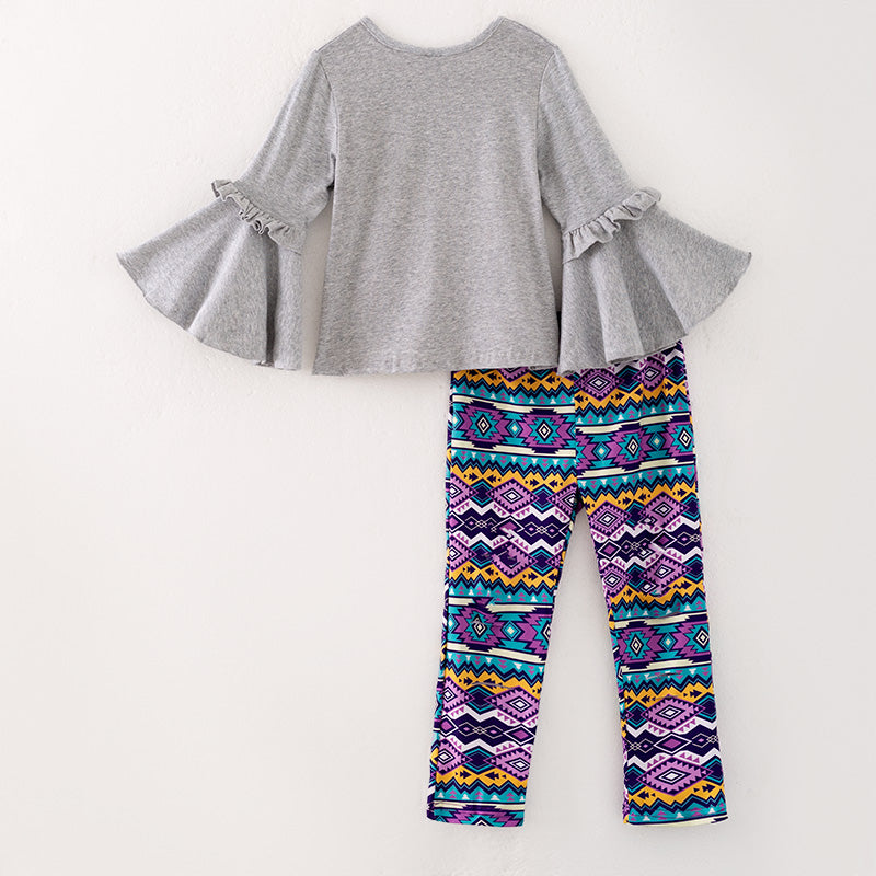 (In Stock)Girls Fall Cotton Top Ethnic Style Print Pants Set