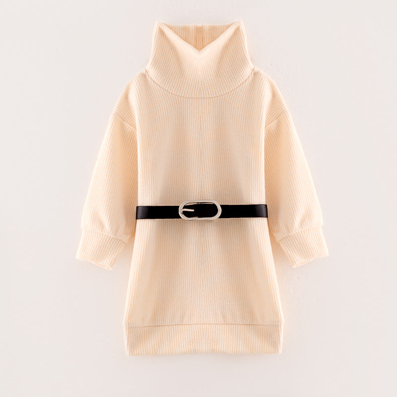 (In Stock L18-4-1)Girls Fall Cream Knit Dress with Belt