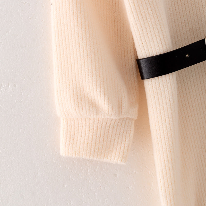 (In Stock L18-4-1)Girls Fall Cream Knit Dress with Belt