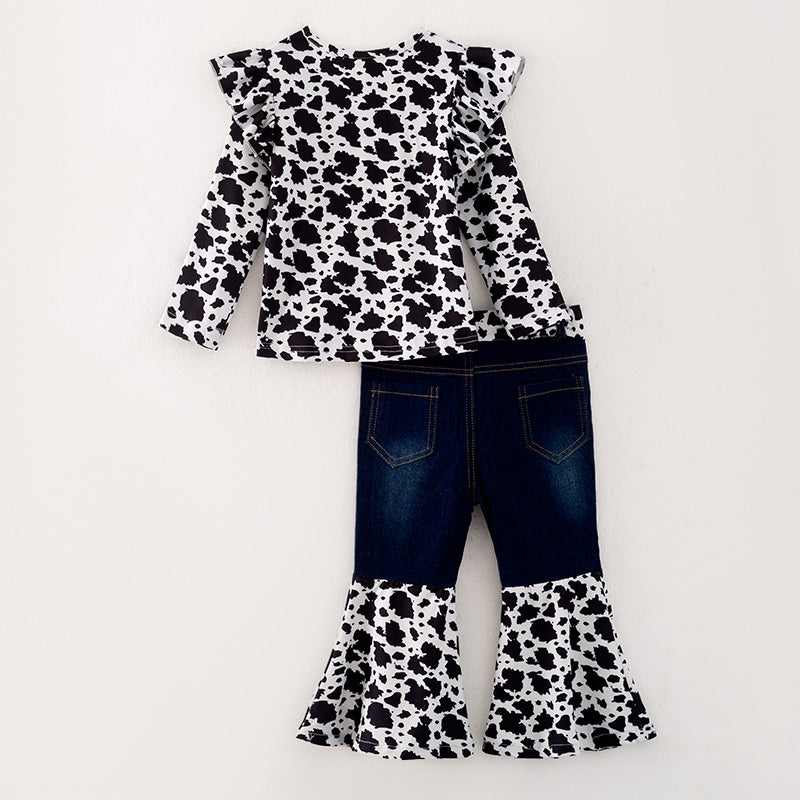 (In Stock)Girls Fall Cow Print Denim Pants Set