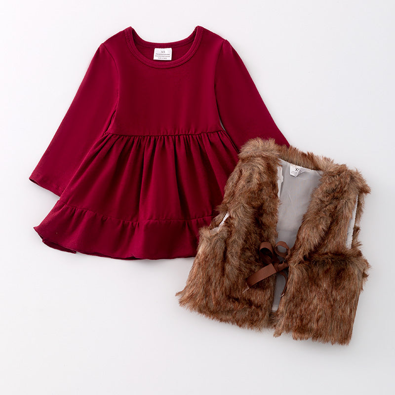 In Stock G21-2-1）Girls Fall Fuchsia Cotton Dress with Faux Fur Vest