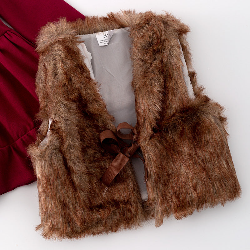 (In Stock G21-2-1)Girls Fall Fuchsia Cotton Dress with Faux Fur Vest