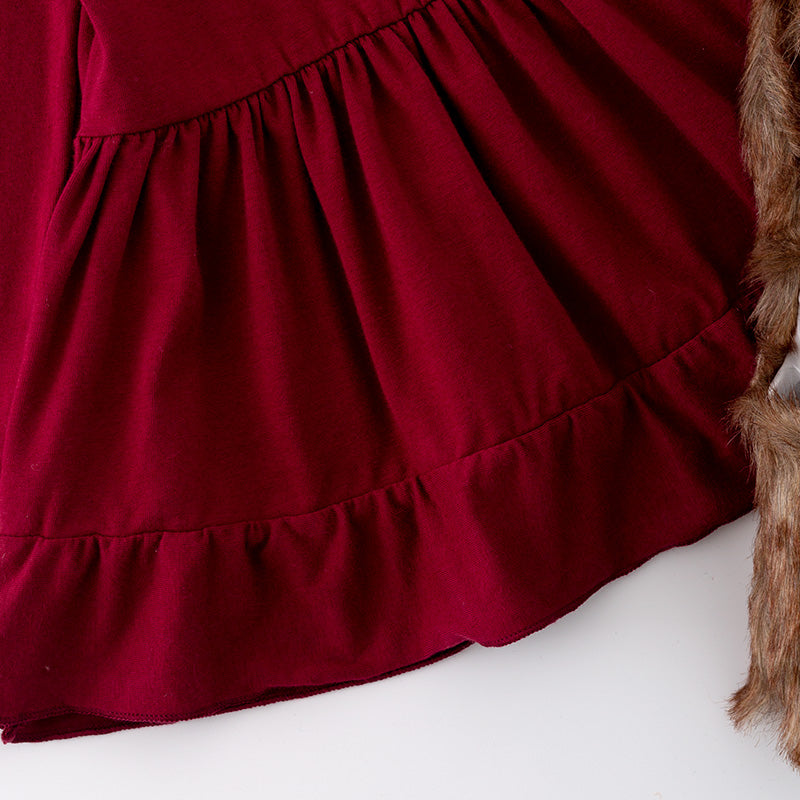 (In Stock G21-2-1)Girls Fall Fuchsia Cotton Dress with Faux Fur Vest